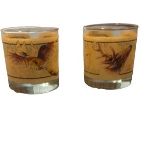 S/2 Vintage MCM Cocktail Rocks Glasses Outdoorsman American Wildlife O'Brien‎